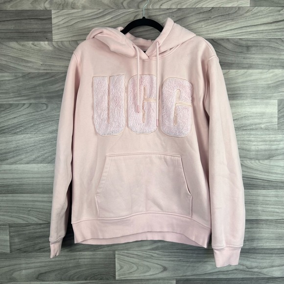UGG Hoodie Womens Medium Pink Fuzzy Logo Kangaroo Pocket Drawstring Comfort Cozy - Picture 1 of 12